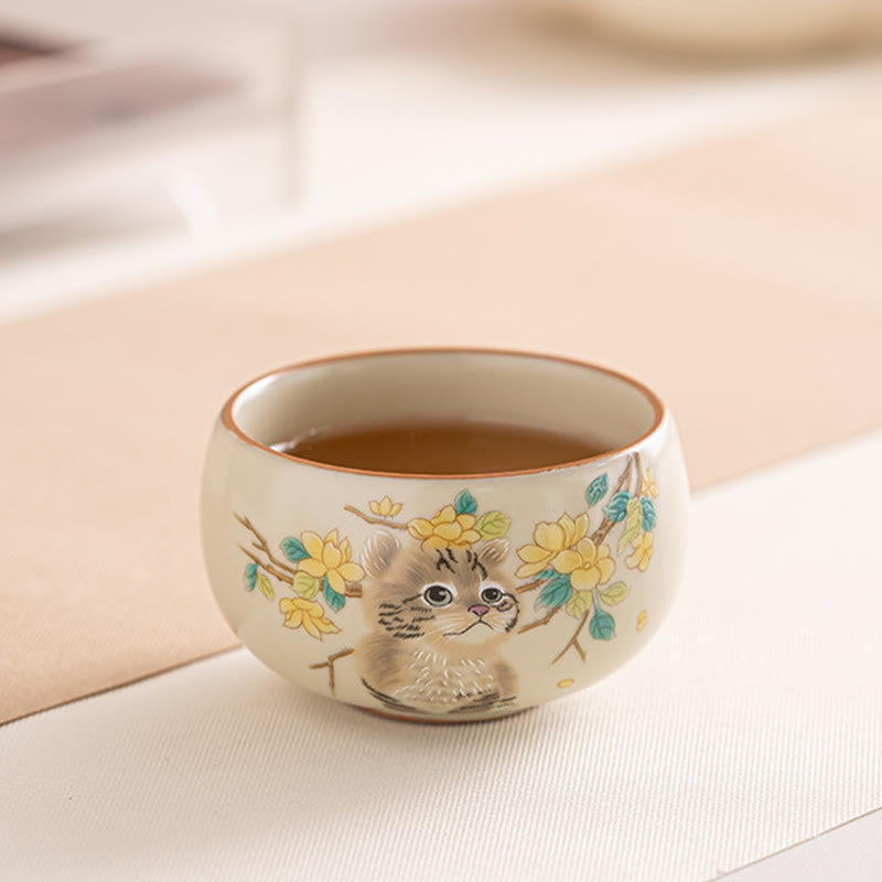 Foviel Cute Cat Yellow Flowers Rabbit Teacup Kung Fu Tea Cup
