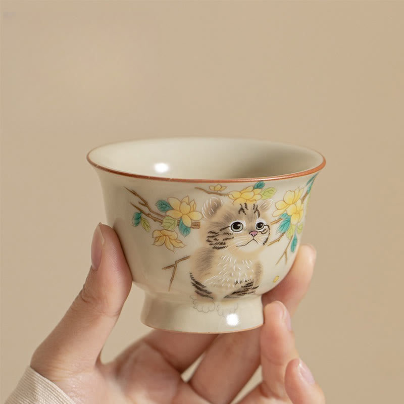 Foviel Cute Cat Yellow Flowers Rabbit Teacup Kung Fu Tea Cup