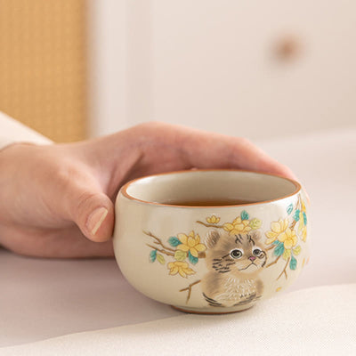 Foviel Cute Cat Yellow Flowers Rabbit Teacup Kung Fu Tea Cup