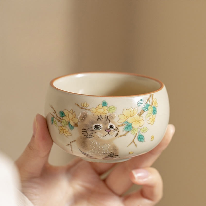 Foviel Cute Cat Yellow Flowers Rabbit Teacup Kung Fu Tea Cup