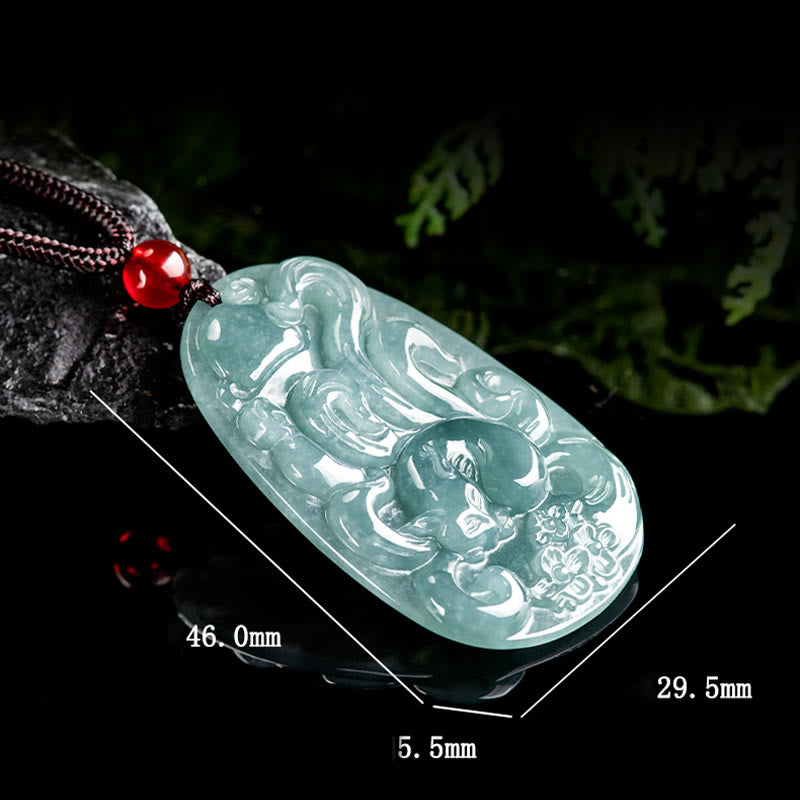 Pendentif collier Foviel en jade vert naturel motif fleur et renard à neuf queues porte-bonheur