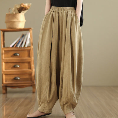 Foviel Vintage Patchwork Laterne Design Baumwolle Leinen Damen weites Bein Hose mit Taschen
