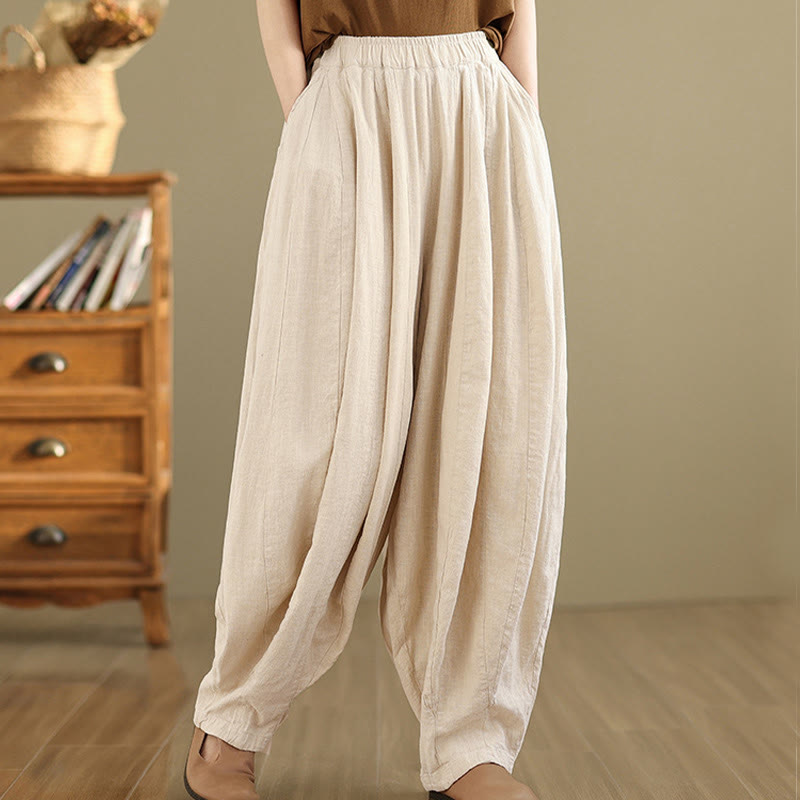 Foviel Vintage Patchwork Laterne Design Baumwolle Leinen Damen weites Bein Hose mit Taschen