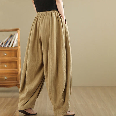 Foviel Vintage Patchwork Laterne Design Baumwolle Leinen Damen weites Bein Hose mit Taschen