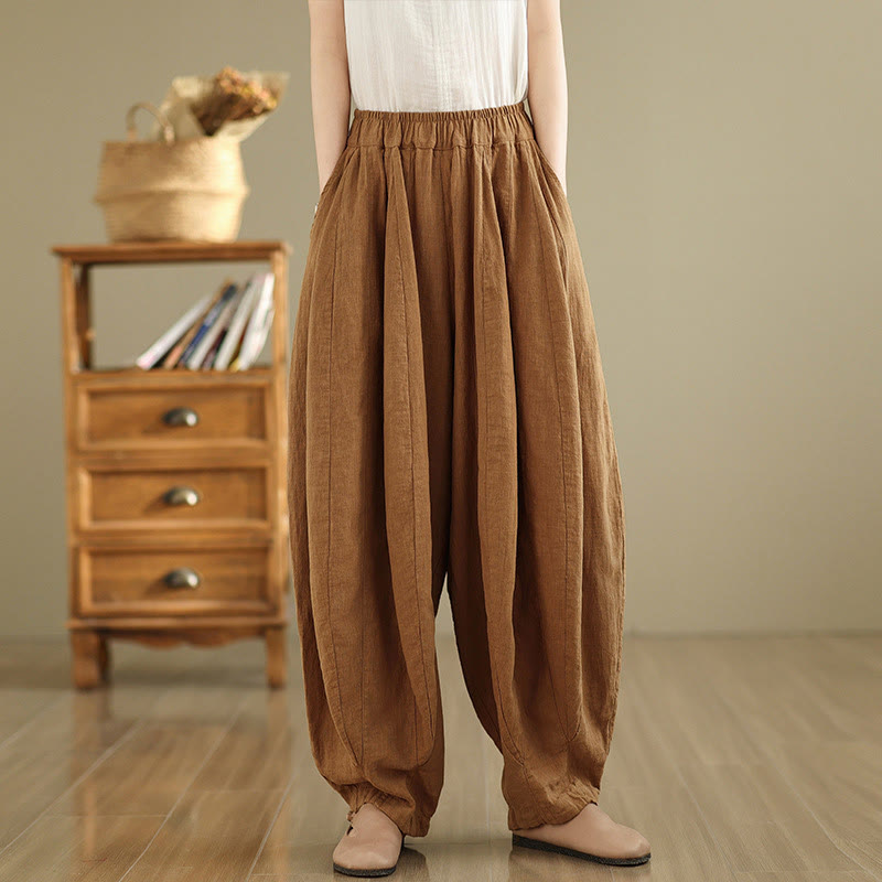 Pantalon large pour femme Foviel en coton et lin, motif lanterne patchwork vintage avec poches