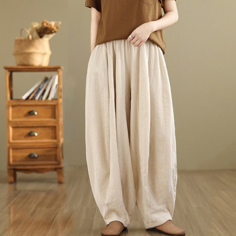 Foviel Vintage Patchwork Laterne Design Baumwolle Leinen Damen weites Bein Hose mit Taschen