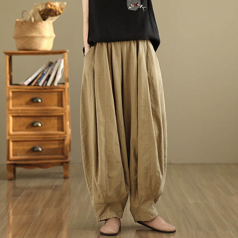 Foviel Vintage Patchwork Laterne Design Baumwolle Leinen Damen weites Bein Hose mit Taschen