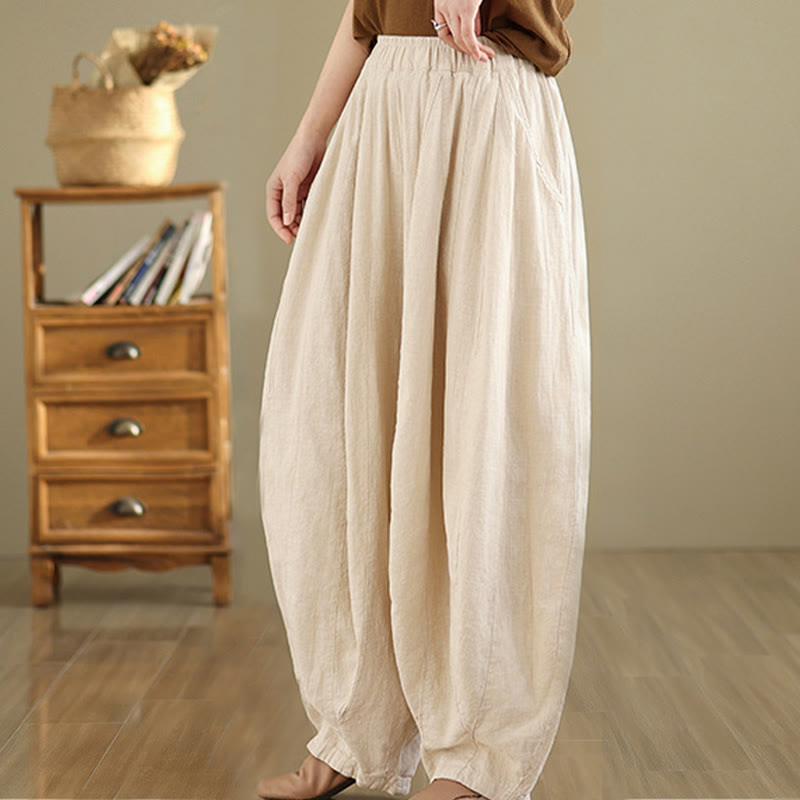 Foviel Vintage Patchwork Laterne Design Baumwolle Leinen Damen weites Bein Hose mit Taschen