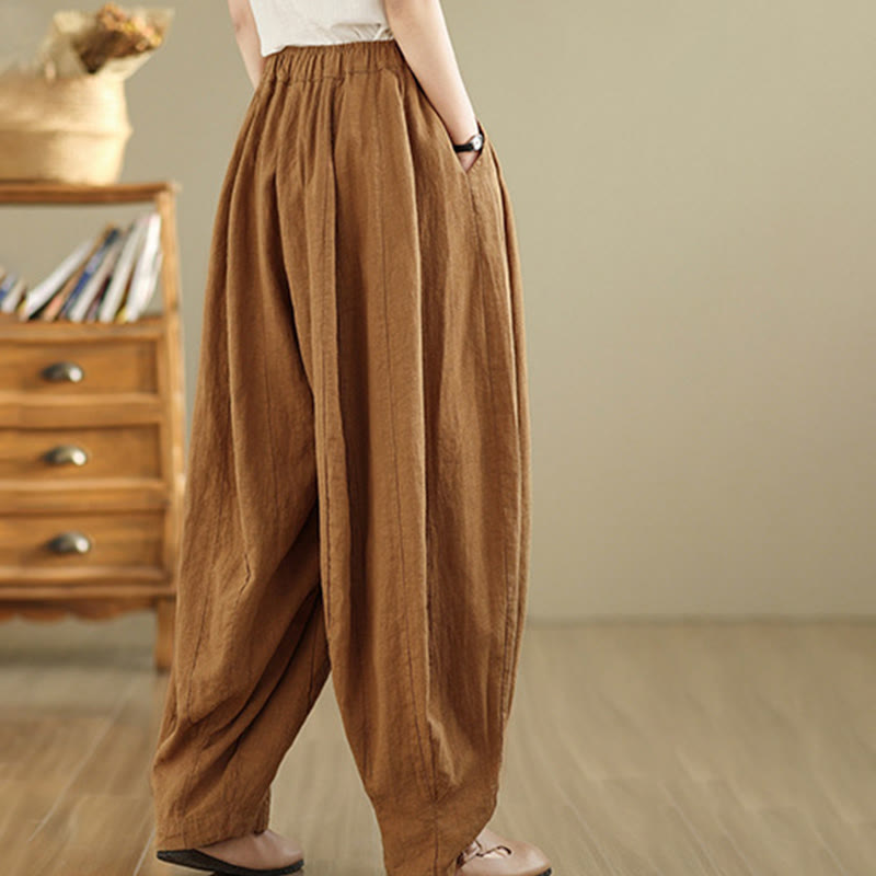 Pantalon large pour femme Foviel en coton et lin, motif lanterne patchwork vintage avec poches