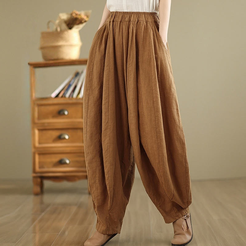 Pantalon large pour femme Foviel en coton et lin, motif lanterne patchwork vintage avec poches