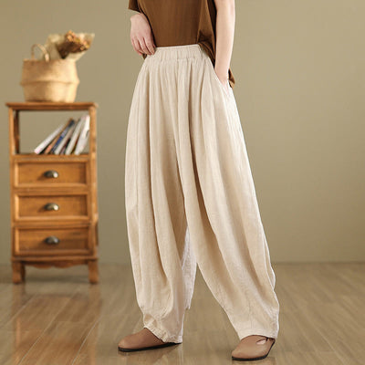 Foviel Vintage Patchwork Laterne Design Baumwolle Leinen Damen weites Bein Hose mit Taschen