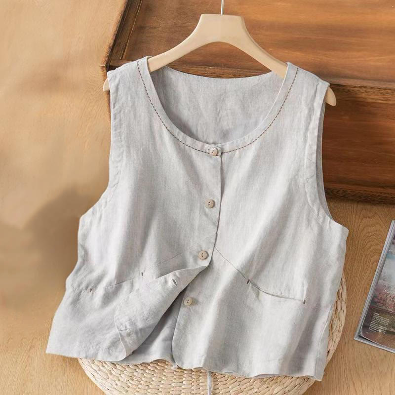 Foviel Single Breasted Sleeveless Design Cotton Linen Women's Vest WIth Pockets