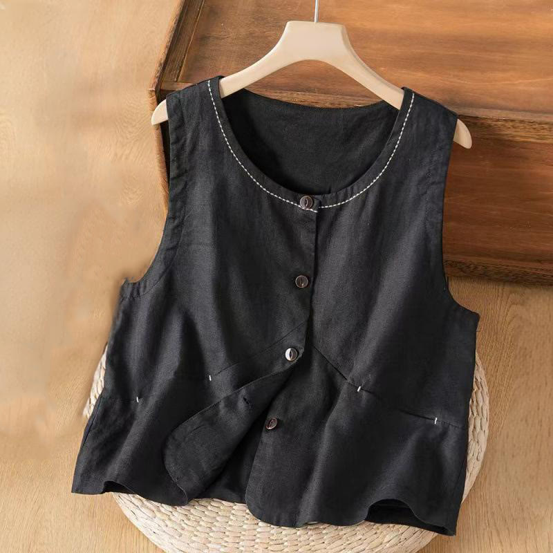 Foviel Single Breasted Sleeveless Design Cotton Linen Women's Vest WIth Pockets