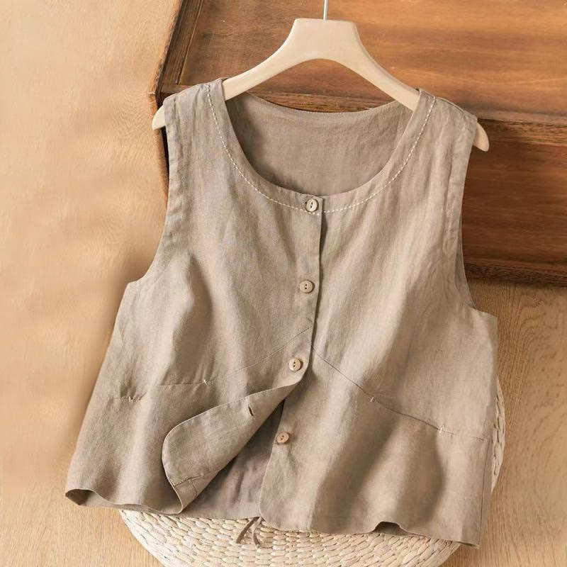 Foviel Single Breasted Sleeveless Design Cotton Linen Women's Vest WIth Pockets