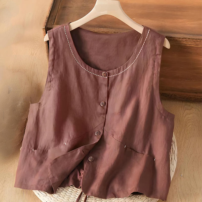 Foviel Single Breasted Sleeveless Design Cotton Linen Women's Vest WIth Pockets