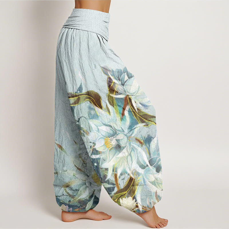 Buddha Stones Cotton Epiphyllum Flowers Design Women's Elastic Waist Harem Pants - image 2
