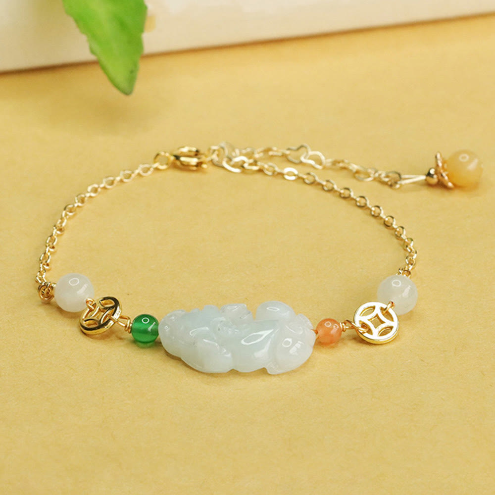 Bracelet Foviel en jade naturel sculpté PiXiu avec chaîne à pièces en cuivre porte-bonheur