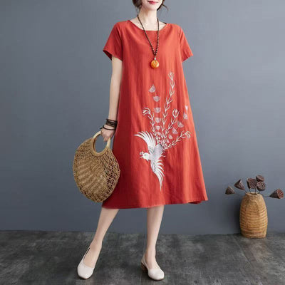 Foviel Summer Printing Phoenix Pattern Short Sleeve Midi Dress