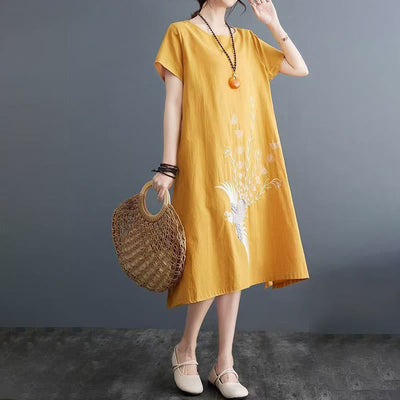 Foviel Summer Printing Phoenix Pattern Short Sleeve Midi Dress