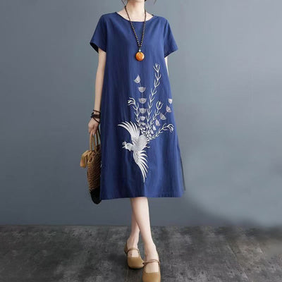 Foviel Summer Printing Phoenix Pattern Short Sleeve Midi Dress