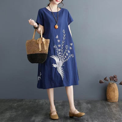 Foviel Summer Printing Phoenix Pattern Short Sleeve Midi Dress