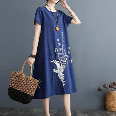 Foviel Summer Printing Phoenix Pattern Short Sleeve Midi Dress
