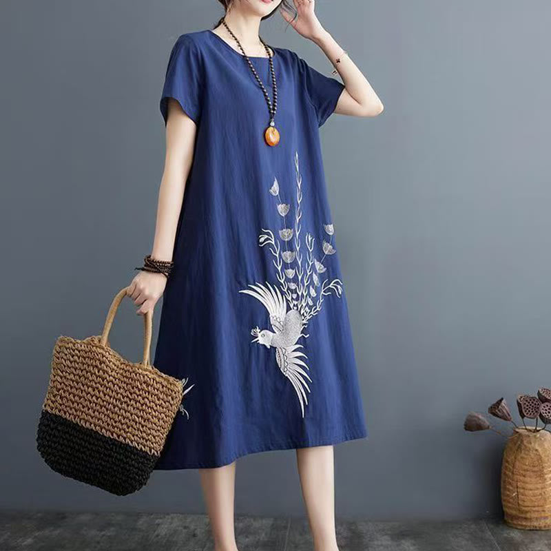 Foviel Summer Printing Phoenix Pattern Short Sleeve Midi Dress