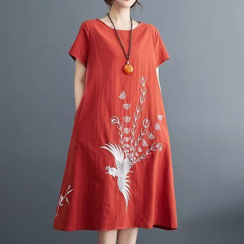Robe midi à manches courtes et motif phénix Foviel Summer Printing