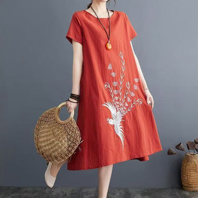 Foviel Summer Printing Phoenix Pattern Short Sleeve Midi Dress