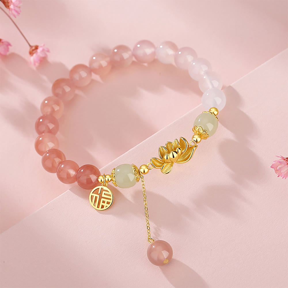 Bracelet Foviel en argent sterling 925 avec agate naturelle à dégradé, jade de Hetian, lotus et caractère chinois Fu, symbole d'éveil