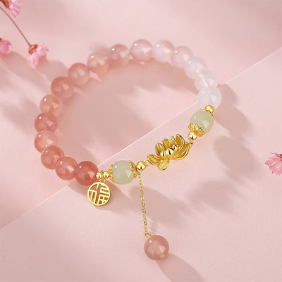Bracelet Foviel en argent sterling 925 avec agate naturelle à dégradé, jade de Hetian, lotus et caractère chinois Fu, symbole d'éveil