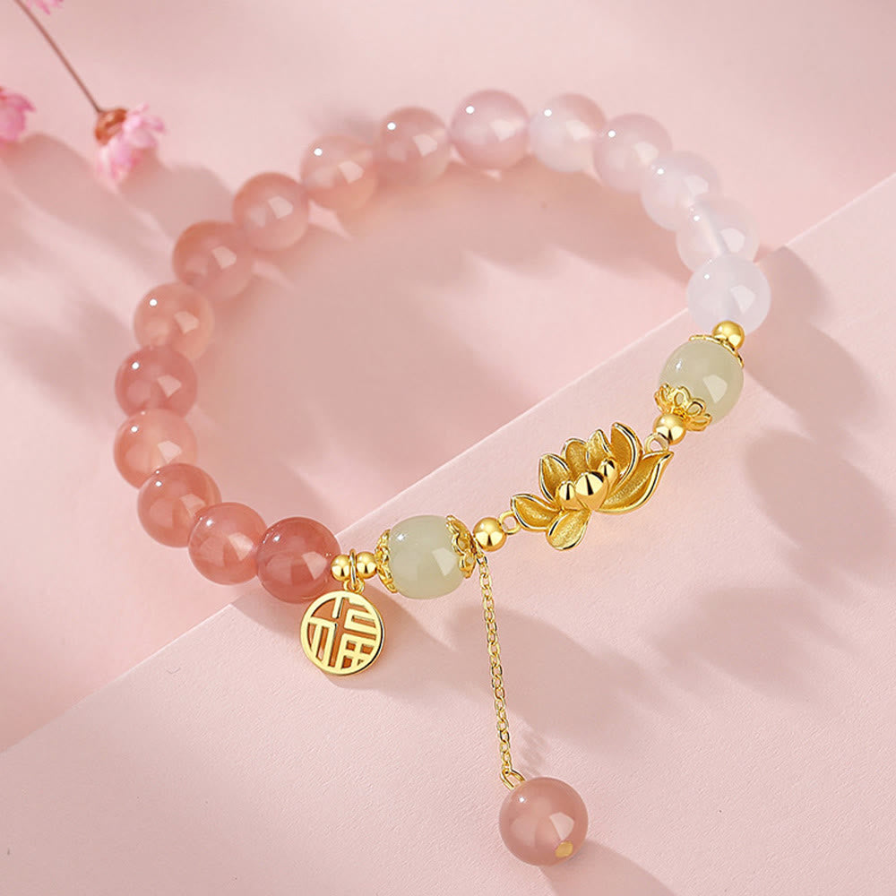 Foviel 925 Sterling Silver Natural Gradient Agate Hetian Jade Lotus Fu Character Enlightenment Bracelet