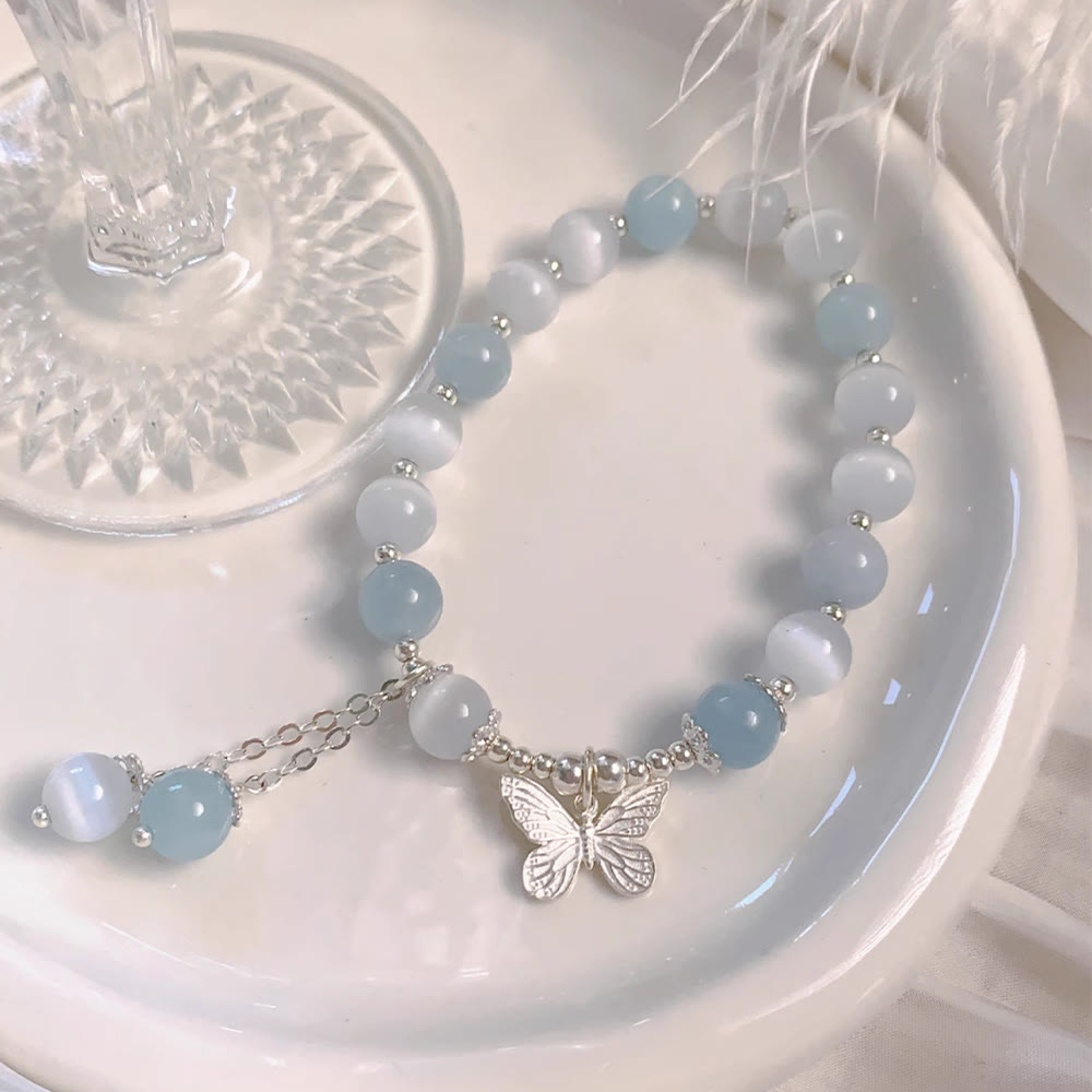 Foviel Cat's Eye Aquamarine Butterfly Charm Support Bracelet