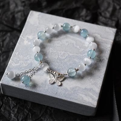 Bracelet de soutien Foviel avec charm papillon en aigue-marine œil de chat