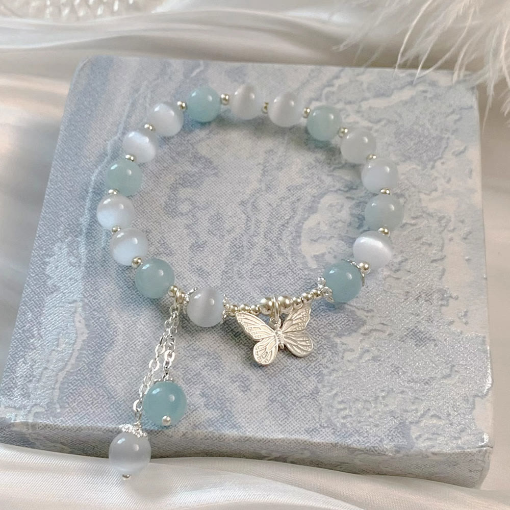 Bracelet de soutien Foviel avec charm papillon en aigue-marine œil de chat