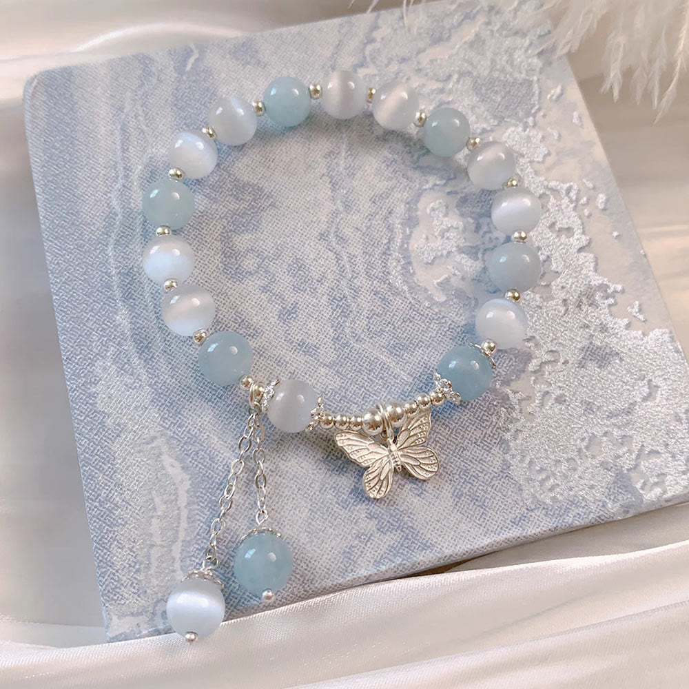 Foviel Cat's Eye Aquamarine Butterfly Charm Support Bracelet