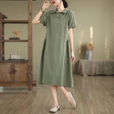 Buddha Stones Plain Jacquard Lapel Cotton Linen Short Sleeve Midi Dress With Pockets - MediumSeaGreen - US8-10，UK/AU12-14，EU40-42 (2XL) - image 5