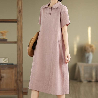 Buddha Stones Plain Jacquard Lapel Cotton Linen Short Sleeve Midi Dress With Pockets - image 28