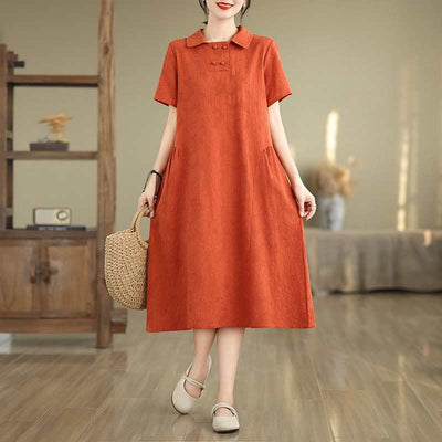 Buddha Stones Plain Jacquard Lapel Cotton Linen Short Sleeve Midi Dress With Pockets - OrangeRed - US8-10，UK/AU12-14，EU40-42 (2XL) - image 11