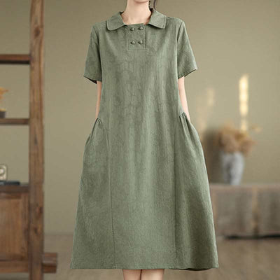 Buddha Stones Plain Jacquard Lapel Cotton Linen Short Sleeve Midi Dress With Pockets - image 7