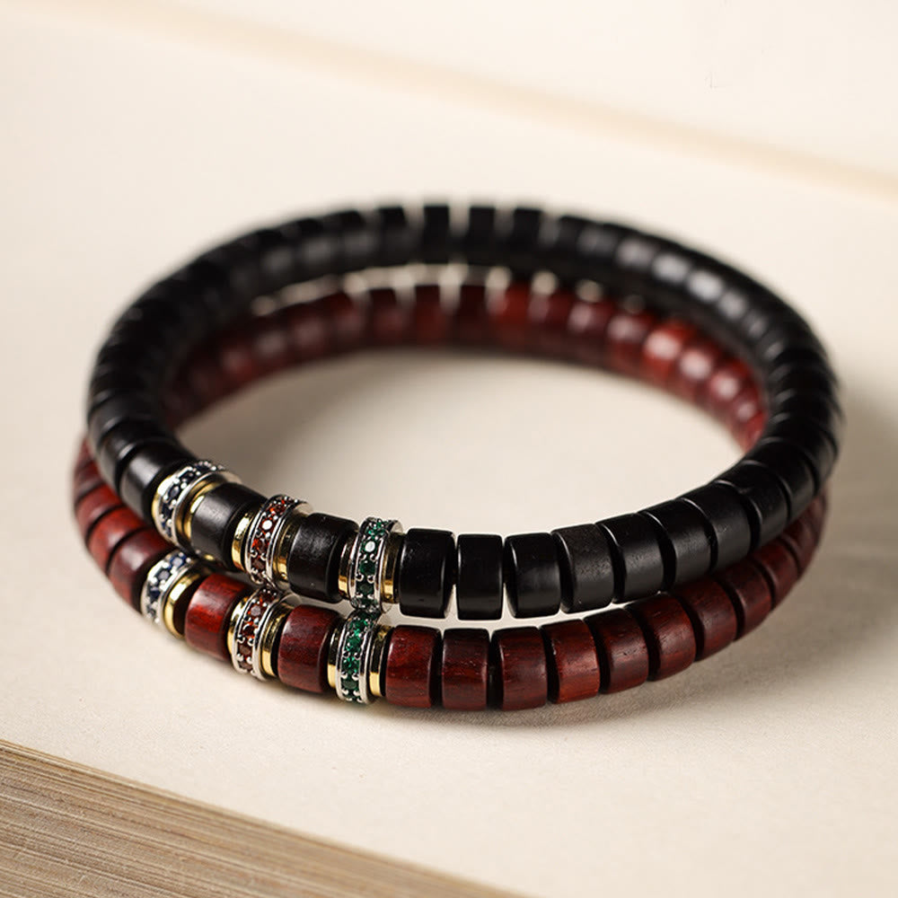 Bracelet de paix Foviel en bois d'ébène et bois de santal rouge à petites feuilles avec zircon