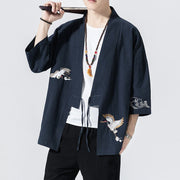 Foviel Embroidery Open Front Jacket Men's Three Quarter Sleeve Kimono