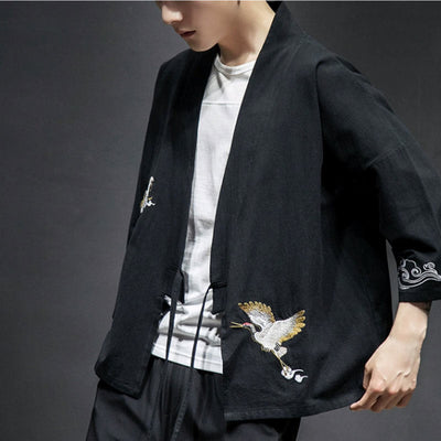 Foviel Stickerei öffnen Front Jacke Herren Dreiviertel Ärmel Kimono