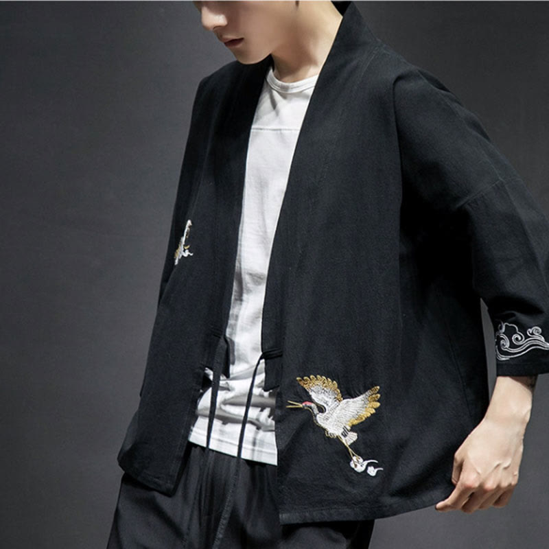 Foviel Stickerei öffnen Front Jacke Herren Dreiviertel Ärmel Kimono