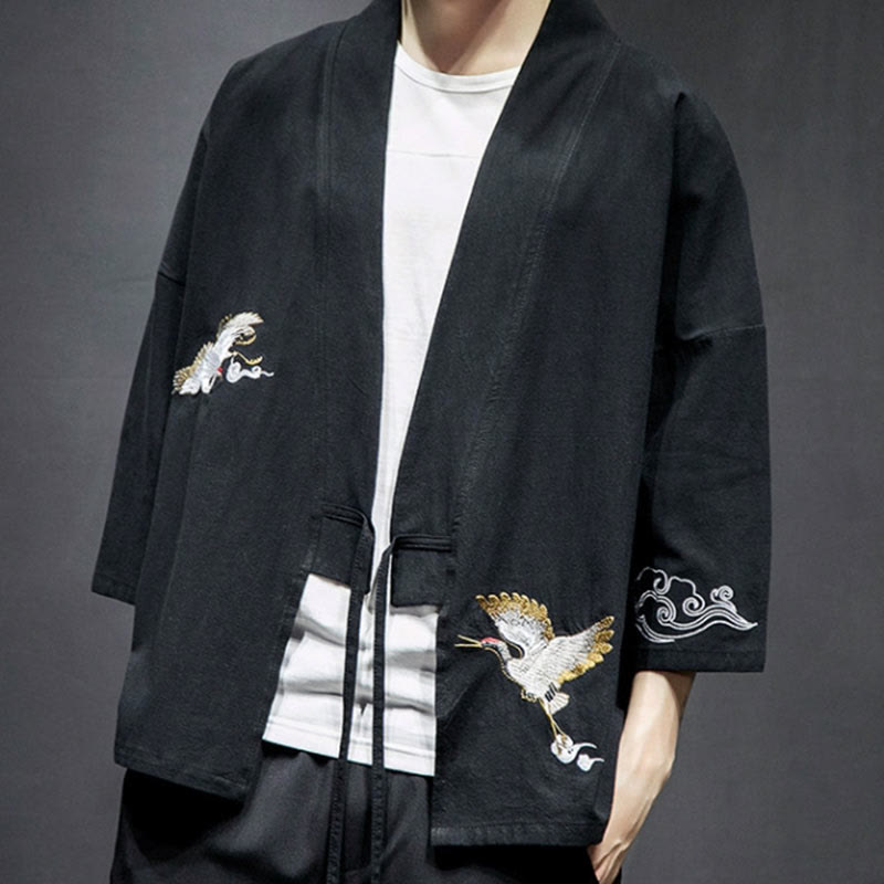 Foviel Stickerei öffnen Front Jacke Herren Dreiviertel Ärmel Kimono