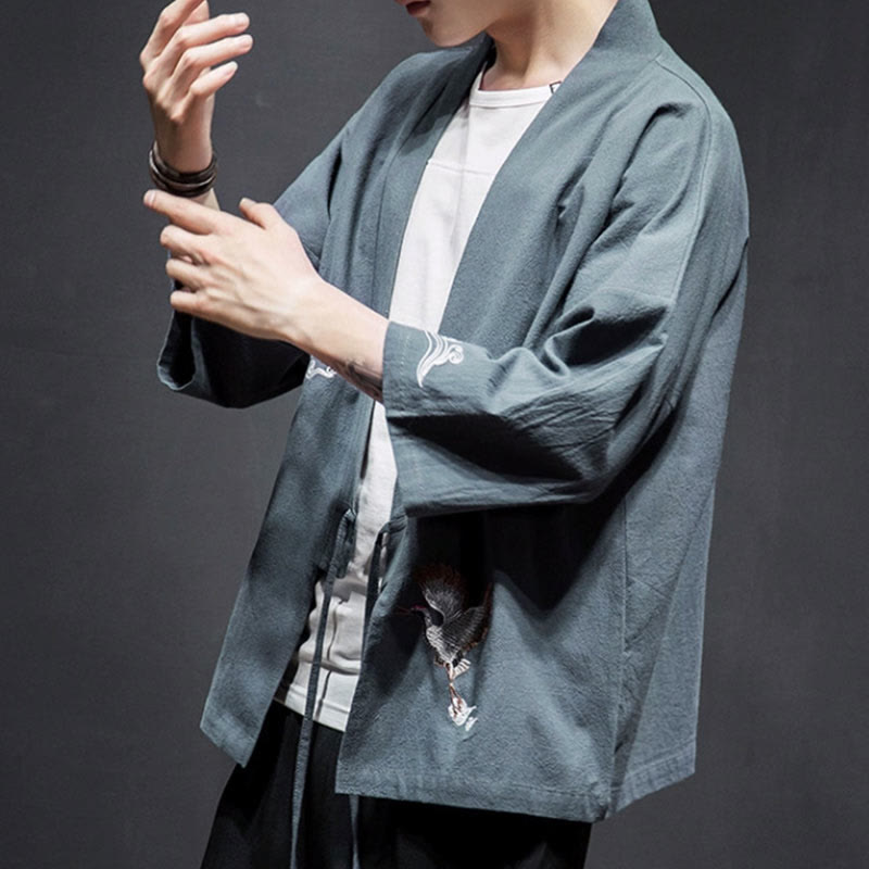 Foviel Stickerei öffnen Front Jacke Herren Dreiviertel Ärmel Kimono