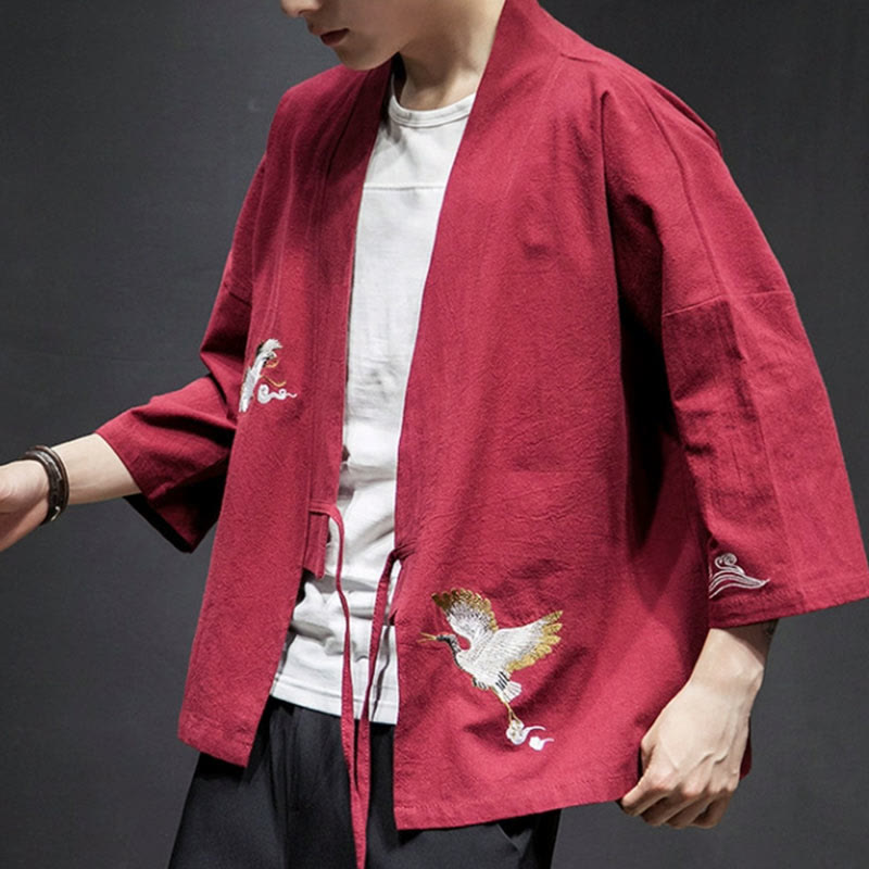 Foviel Stickerei öffnen Front Jacke Herren Dreiviertel Ärmel Kimono