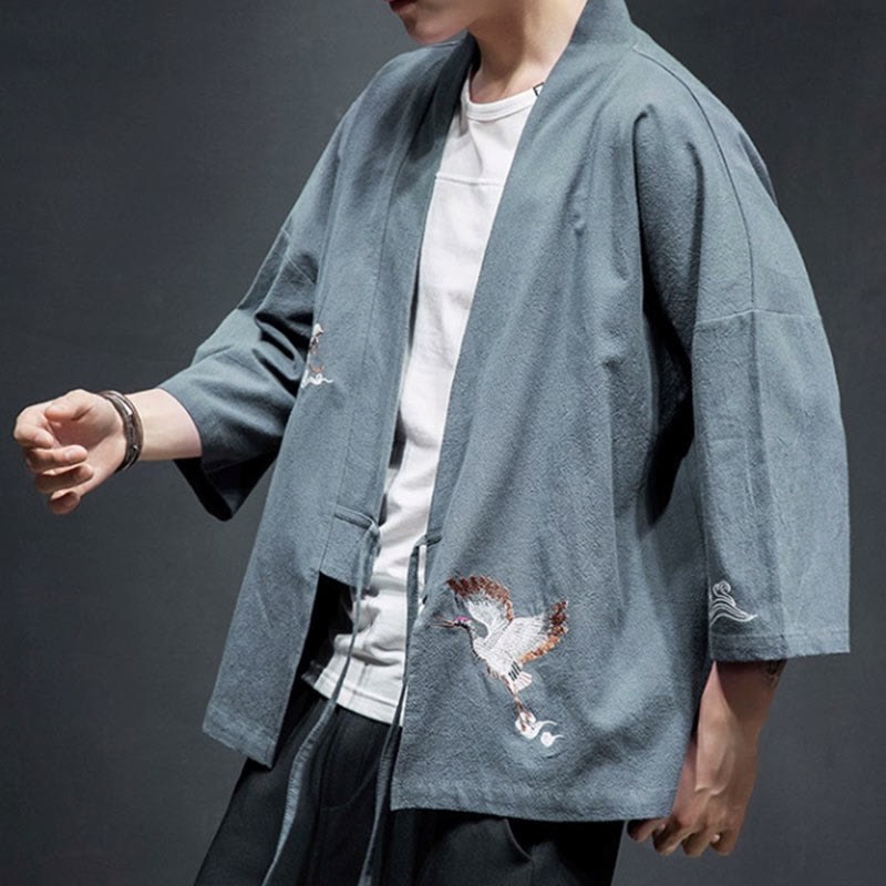 Foviel Stickerei öffnen Front Jacke Herren Dreiviertel Ärmel Kimono