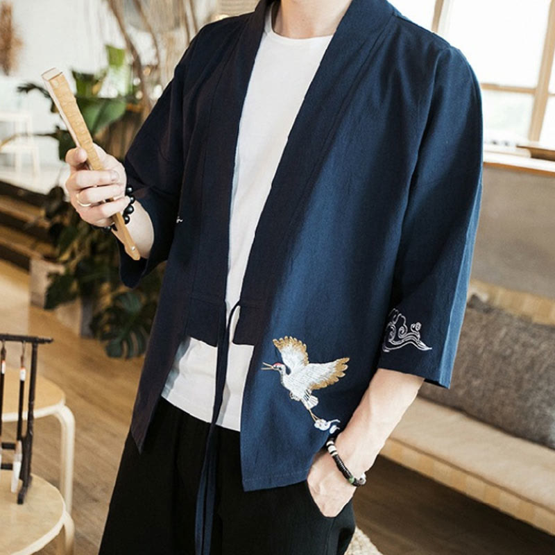 Foviel Embroidery Open Front Jacket Men's Three Quarter Sleeve Kimono
