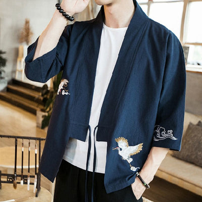 Foviel Stickerei öffnen Front Jacke Herren Dreiviertel Ärmel Kimono